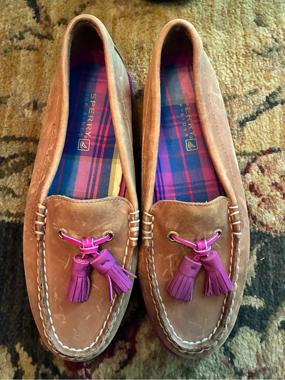 Sperry Tan Suede Loafers with Pink Plaid Insole Tassels Top-Sider. Size 6M